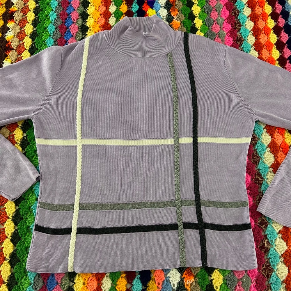 Vintage 90s CARLISLE Silk Cotton Lavender Braided Plaid Mock Turtle Neck